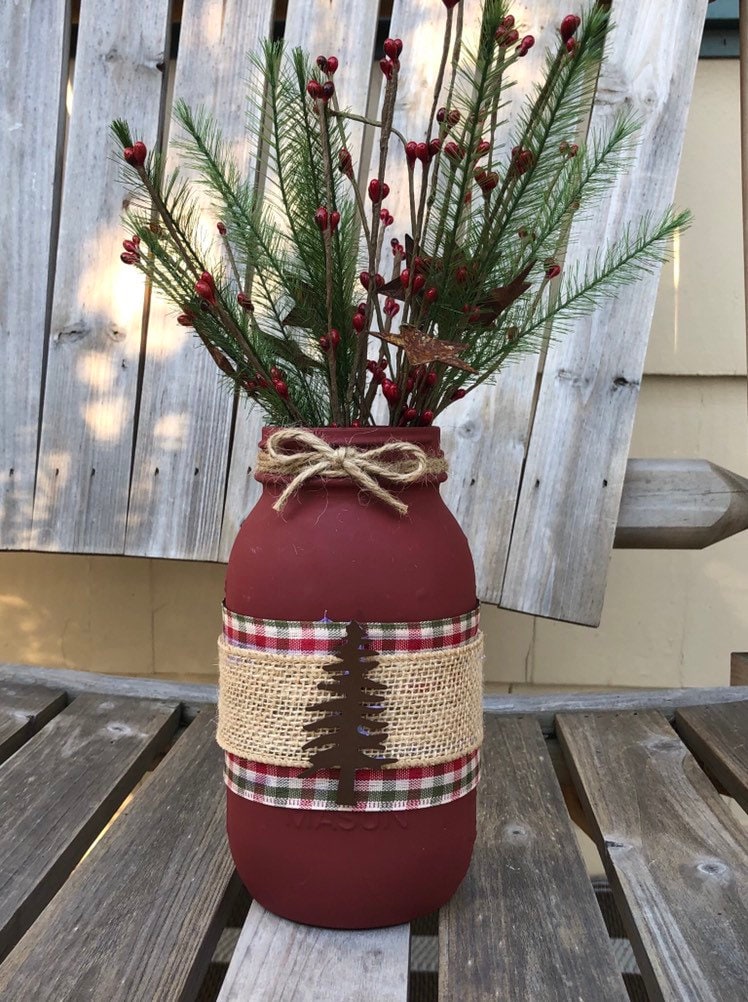 Primitive Christmas Tree Mason Jar / Christmas Mason Jar / Christmas Centerpiece