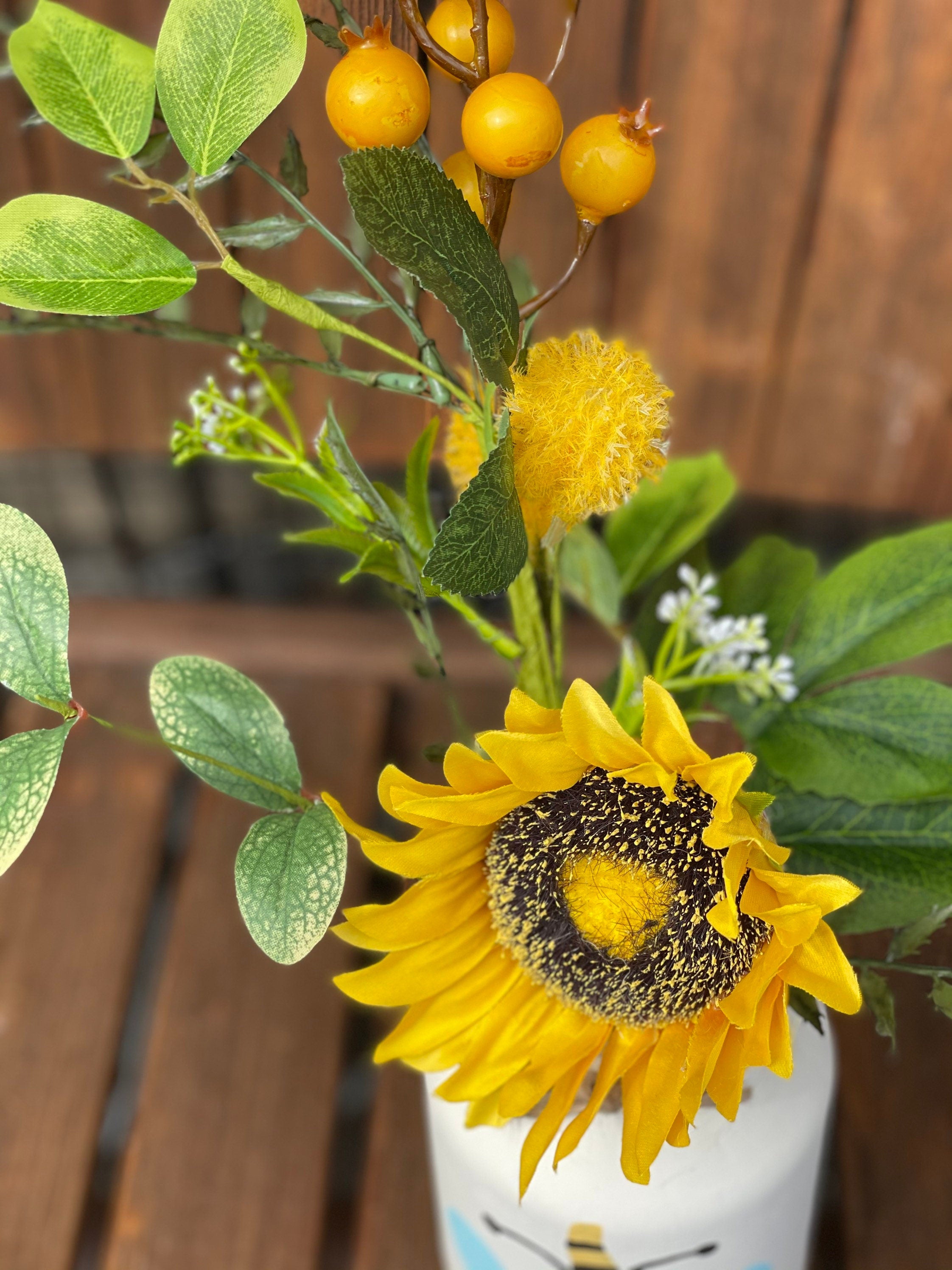 Sunflower & Denim Mason Jar / Sunflower Mason Jar / Mason Jar Centerpiece / Painted Mason Jars