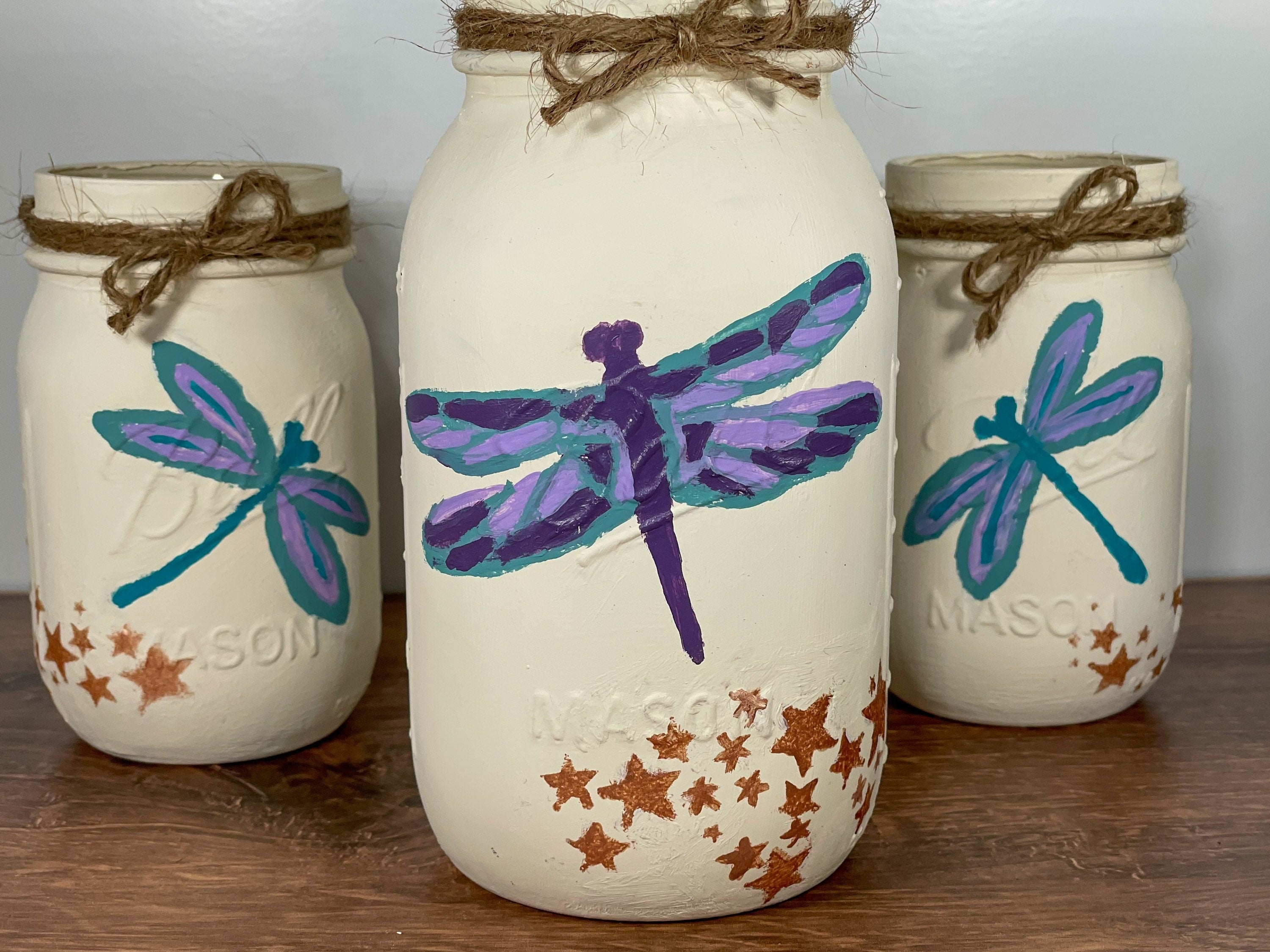 Dragonfly Mason Jars / Dragonfly Decor / Mason Jar Centerpiece / Painted Mason Jars