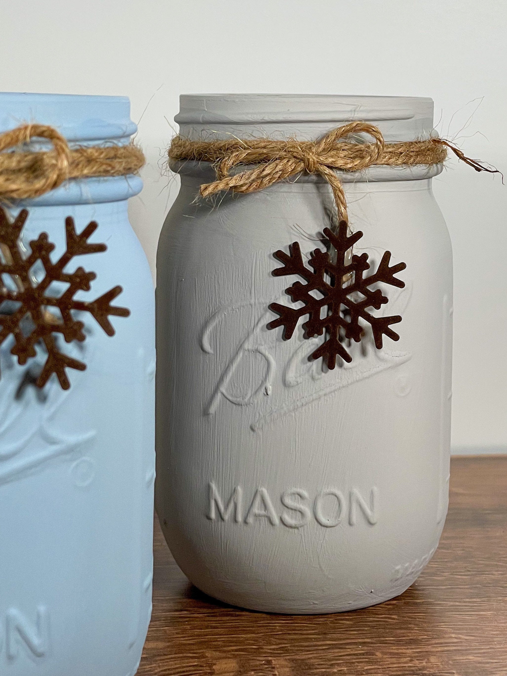 Farmhouse Winter Mason Jars / Snowflake Mason Jars / Mason Jar Centerpiece / Painted Mason Jars