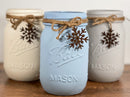 Farmhouse Winter Mason Jars / Snowflake Mason Jars / Mason Jar Centerpiece / Painted Mason Jars