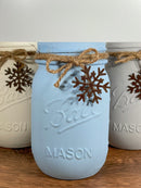 Farmhouse Winter Mason Jars / Snowflake Mason Jars / Mason Jar Centerpiece / Painted Mason Jars