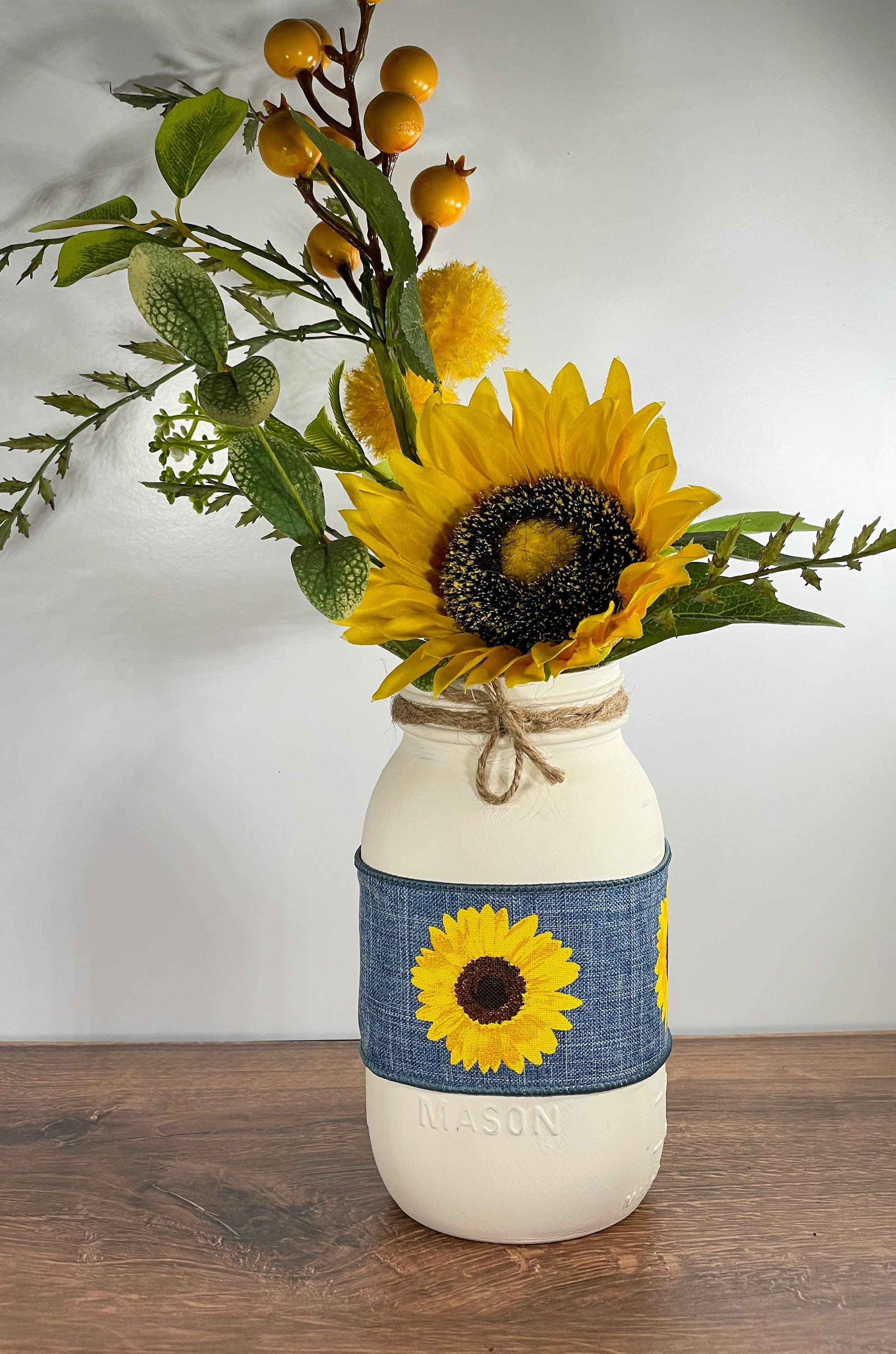 Sunflower & Denim Mason Jar / Sunflower Mason Jar / Mason Jar Centerpiece / Painted Mason Jars