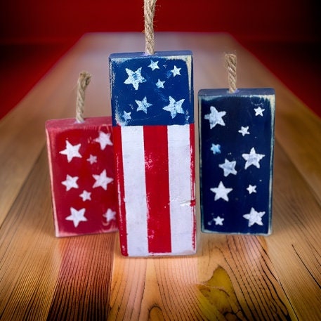 American Firecracker Wood Blocks / 4th of July Decor / Wooden Firecracker Blocks / Americana Decor
