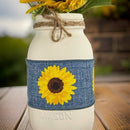 Sunflower & Denim Mason Jar / Sunflower Mason Jar / Mason Jar Centerpiece / Painted Mason Jars