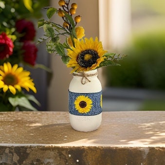 Sunflower & Denim Mason Jar / Sunflower Mason Jar / Mason Jar Centerpiece / Painted Mason Jars