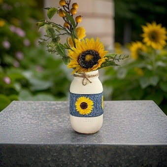 Sunflower & Denim Mason Jar / Sunflower Mason Jar / Mason Jar Centerpiece / Painted Mason Jars