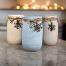 Farmhouse Winter Mason Jars / Snowflake Mason Jars / Mason Jar Centerpiece / Painted Mason Jars