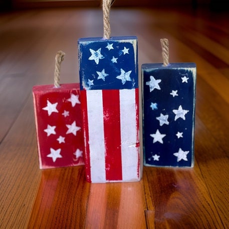 American Firecracker Wood Blocks / 4th of July Decor / Wooden Firecracker Blocks / Americana Decor