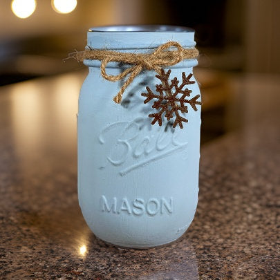 Farmhouse Winter Mason Jars / Snowflake Mason Jars / Mason Jar Centerpiece / Painted Mason Jars