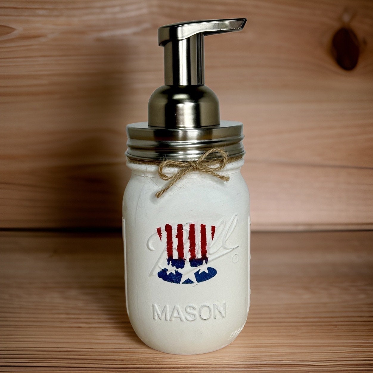 Uncle Sam Mason Jar Hand Soap Dispenser / Mason Jar Bath Decor / Soap Dispenser / Painted Mason Jars