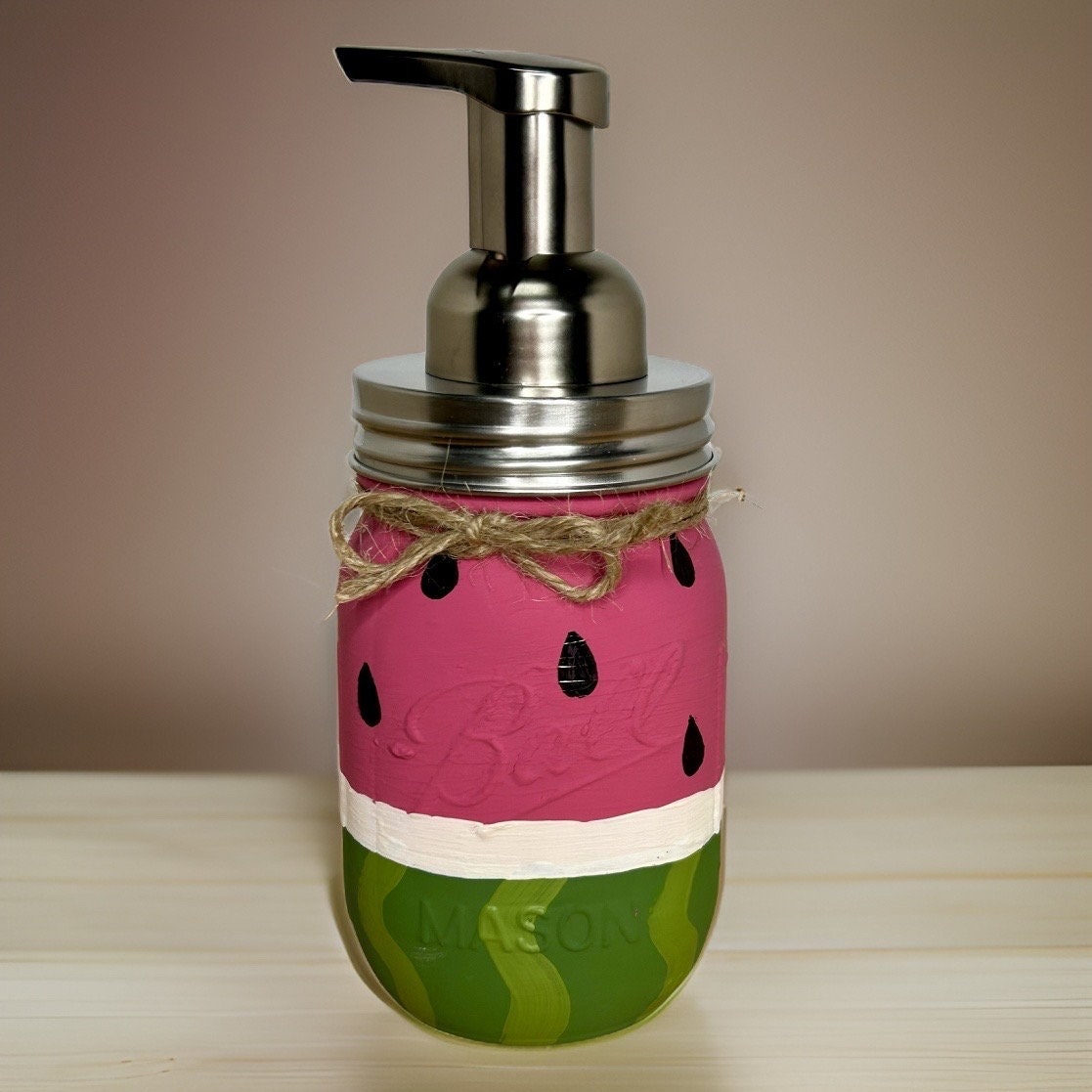 Watermelon Mason Jar Hand Soap Dispenser / Mason Jar Bath Decor / Soap Dispenser / Painted Mason Jars
