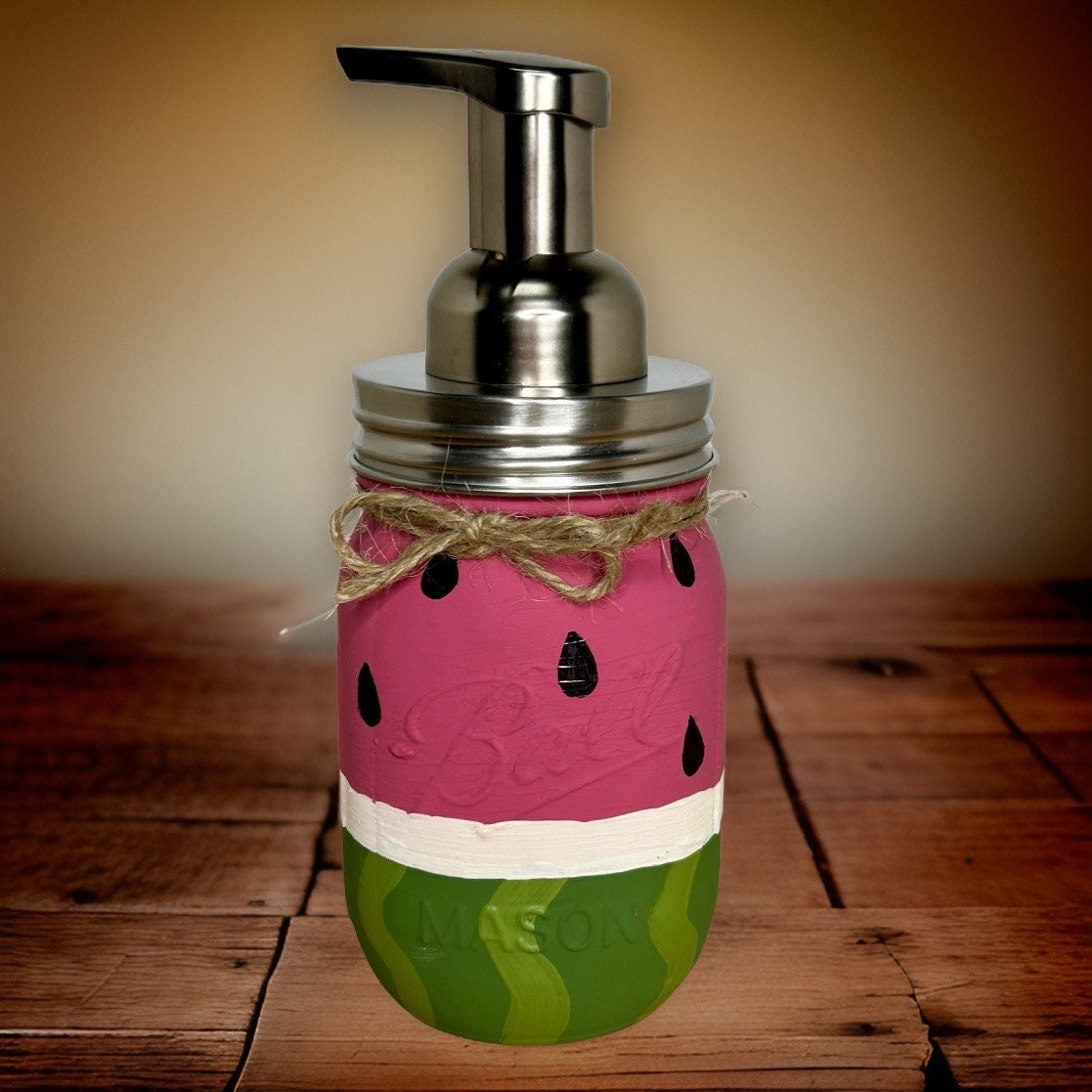 Watermelon Mason Jar Hand Soap Dispenser / Mason Jar Bath Decor / Soap Dispenser / Painted Mason Jars