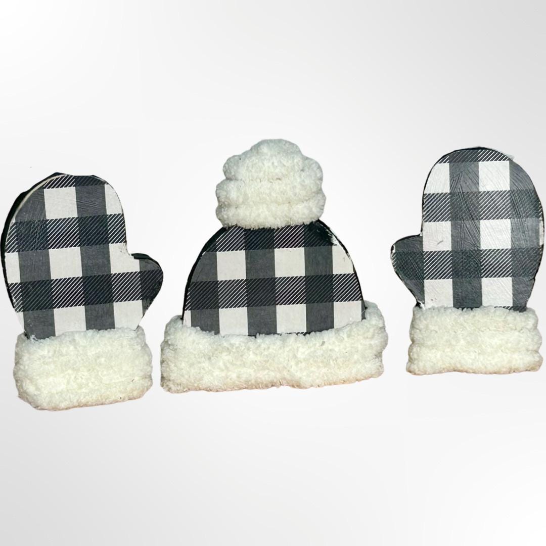 Winter Hat & Mitten Wood Block Sets / Winter Wood Blocks / Shelf Sitter / Tiered Tray Decor