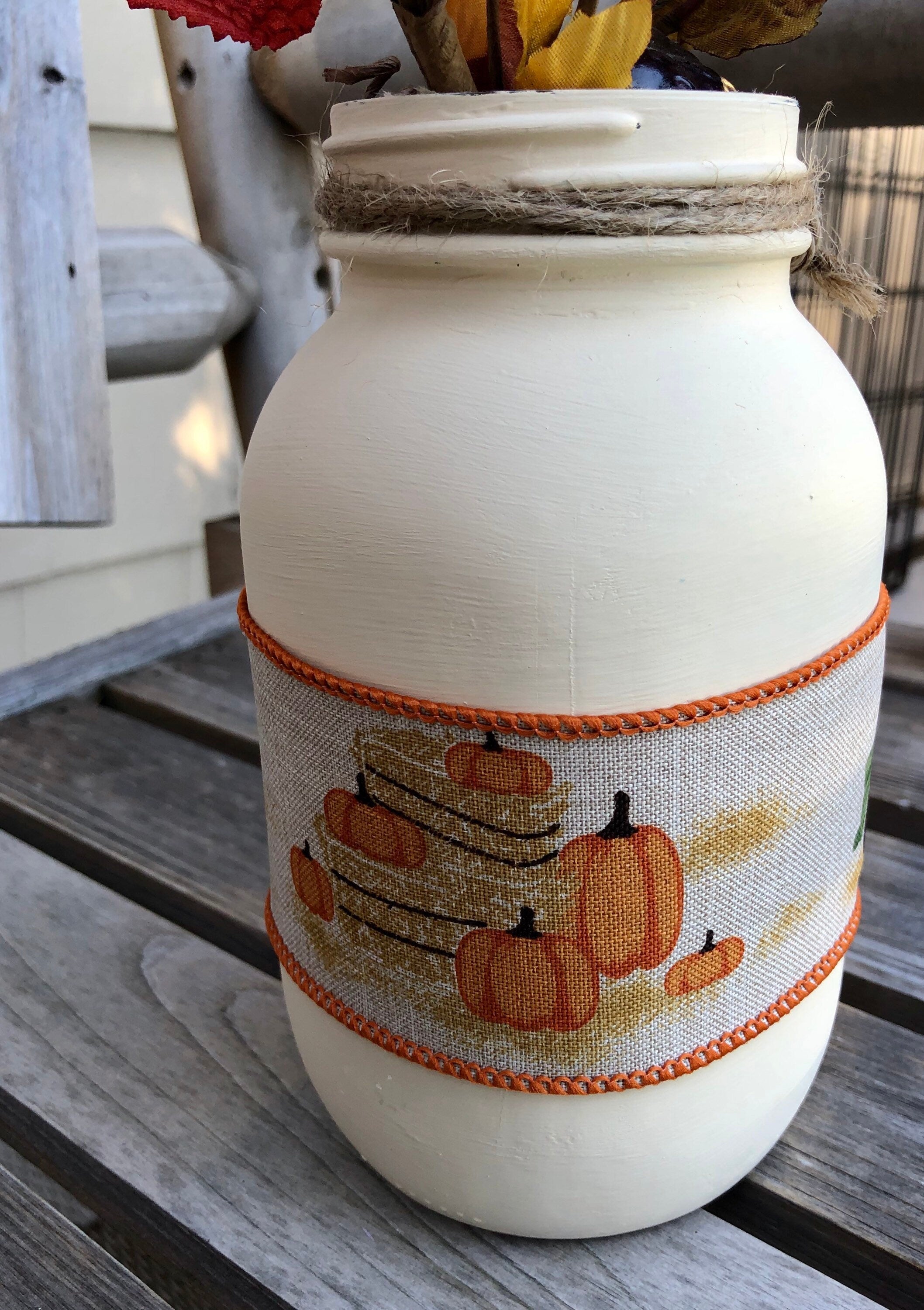 Fall Vintage Truck & Pumpkin Primitive Mason Jar