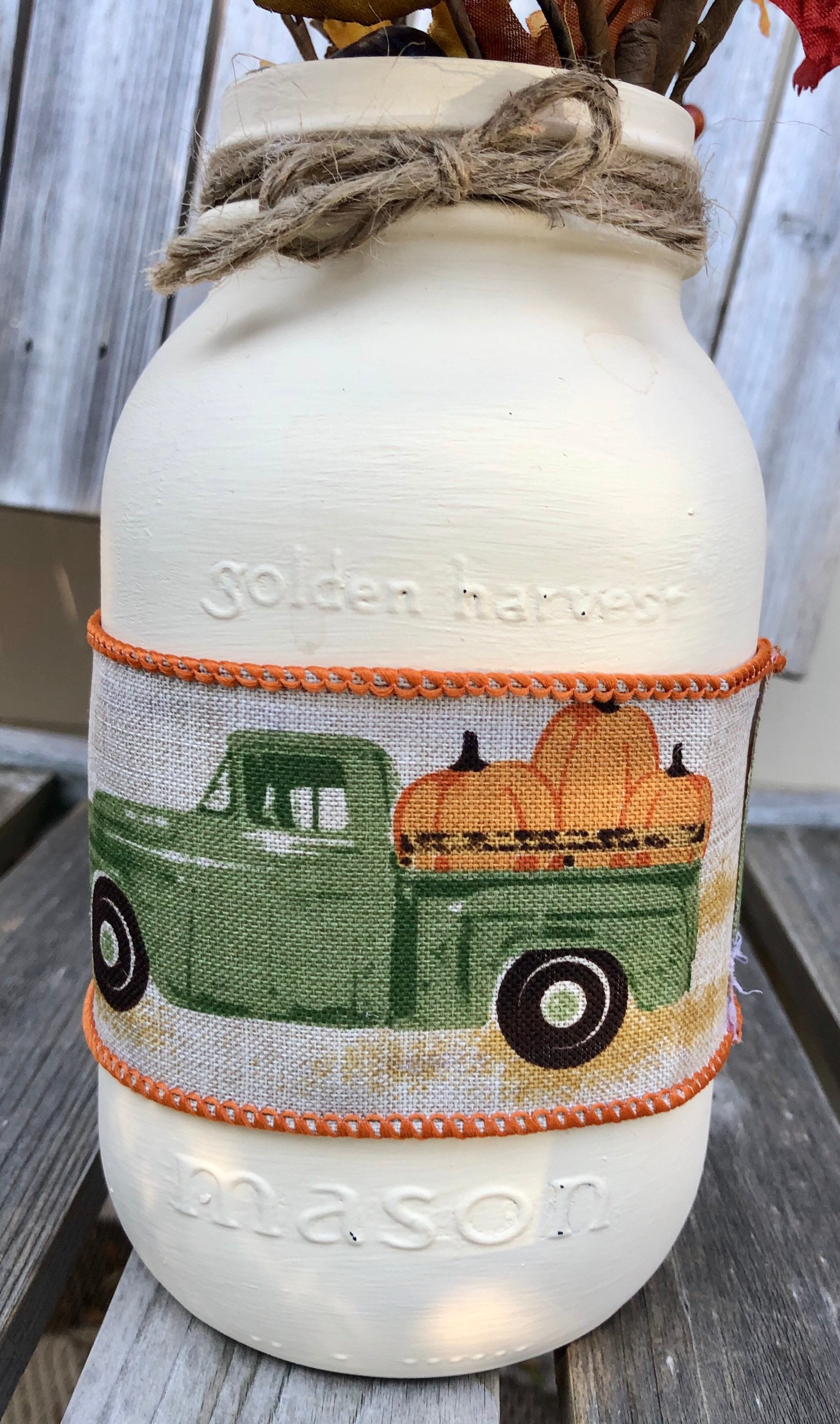 Fall Vintage Truck & Pumpkin Primitive Mason Jar