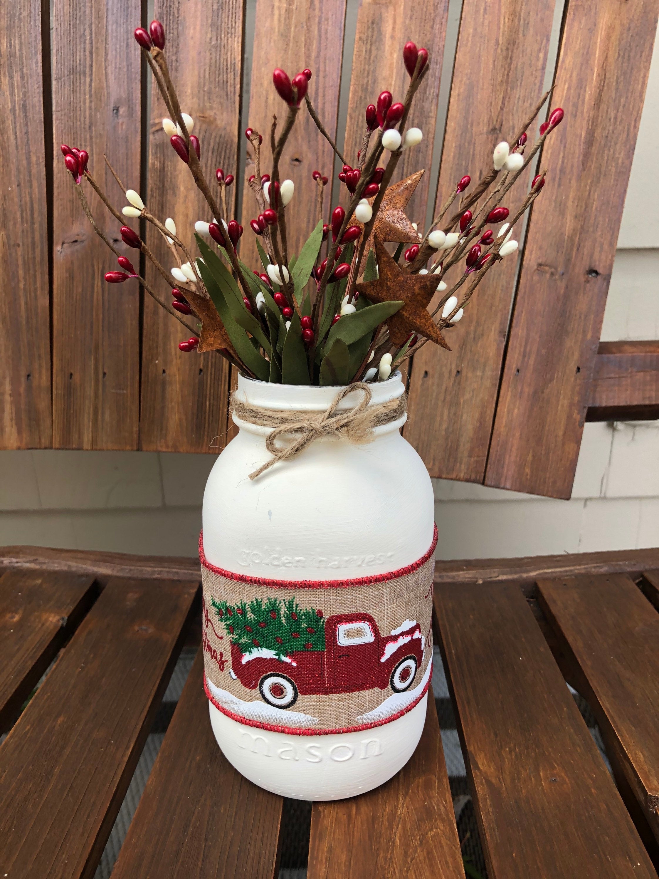 Vintage Truck & Christmas Tree Primitive Mason Jar